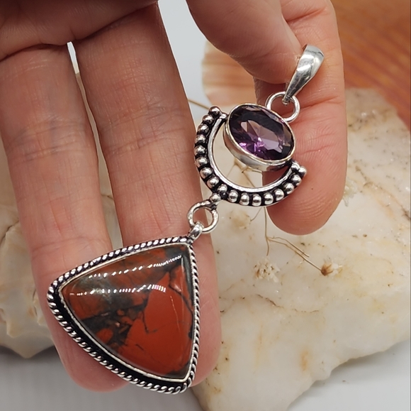 Natural Natural Amethyst Stone Purple Quartz/Jasper Crystals Silver 925 Pendant - Picture 1 of 9